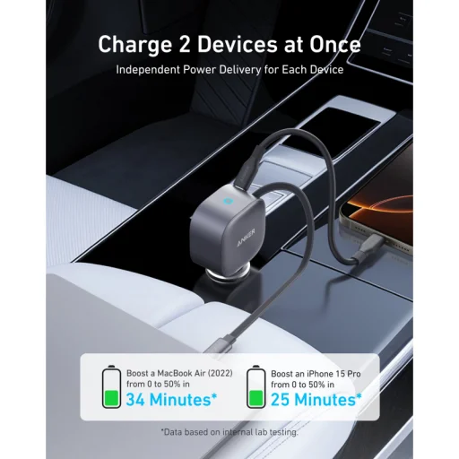 Anker Nano nabíjačka do auta, 75W, 3A, 1 x USB-C, s USB-C káblom, Sivá A2738HA2 - 2