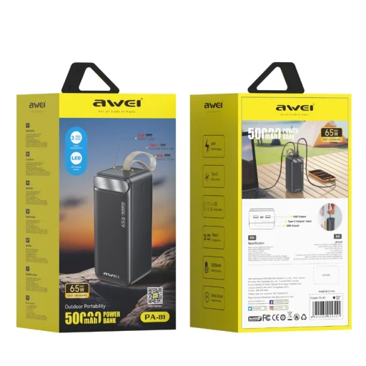 Awei PA-81 50000 mAh 65 W PD powerbanka, 2× USB-A a USB-C, čierna - 2