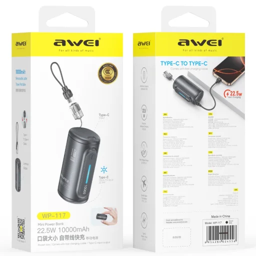 Awei WP-117 10000 mAh 22,5 W 3C 2× USB-C čierna externá batéria, powerbanka - 3