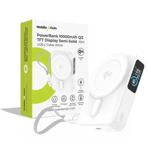 Mobile Origin PB19 10000 mAh Qi2 semi-solid powerbank s TFT displejom, integrovaným USB-C káblom, biely - 1