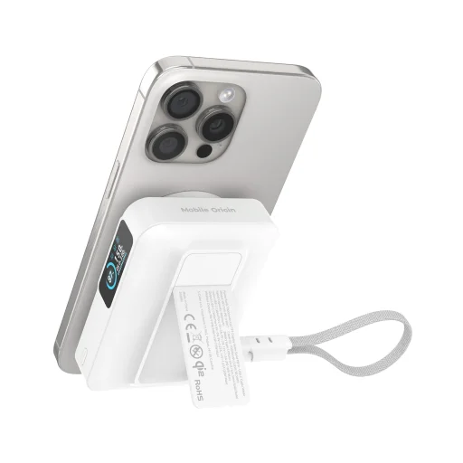 Mobile Origin PB19 10000 mAh Qi2 semi-solid powerbank s TFT displejom, integrovaným USB-C káblom, biely - 10
