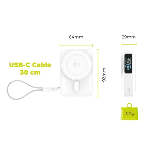 Mobile Origin PB19 10000 mAh Qi2 semi-solid powerbank s TFT displejom, integrovaným USB-C káblom, biely - 17