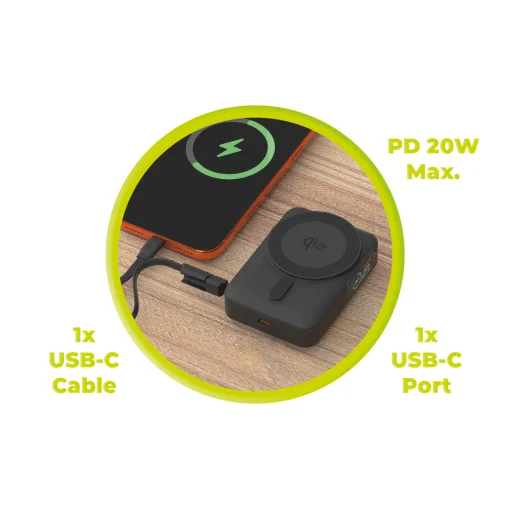 Mobile Origin PB19 10000 mAh Qi2 powerbank beépített USB-C kábellel, fekete Qi2 - 16