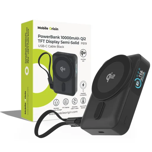 Mobile Origin PB19 10000 mAh Qi2 powerbank beépített USB-C kábellel, fekete Qi2 - 1