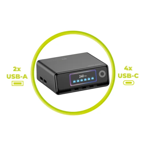 Mobile Origin PW39 240W GaN nabíjací hub s displejom – 4x USB-C + 2x USB-A - 7