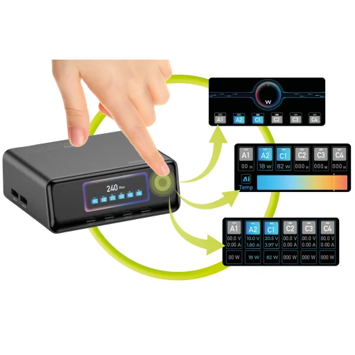 Mobile Origin PW39 240W GaN nabíjací hub s displejom – 4x USB-C + 2x USB-A - 8