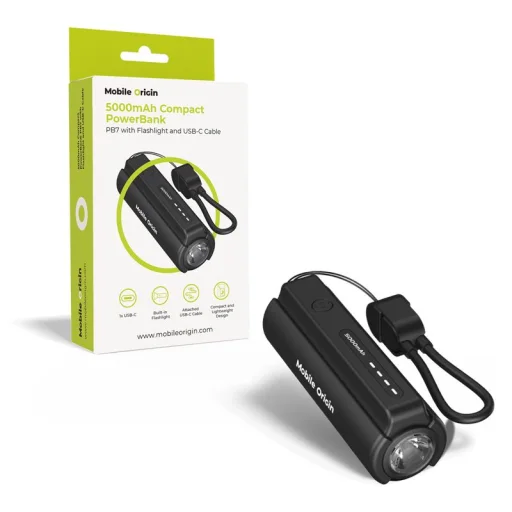 Mobile Origin PB7 5000mAh kompakt PowerBank LED zseblámpával és USB-C kábellel - 1