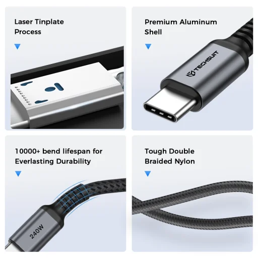 Techsuit TitanSync Pro USB 2.0 USB-C rýchlonabíjací kábel 240 W 1 m sivý - 5
