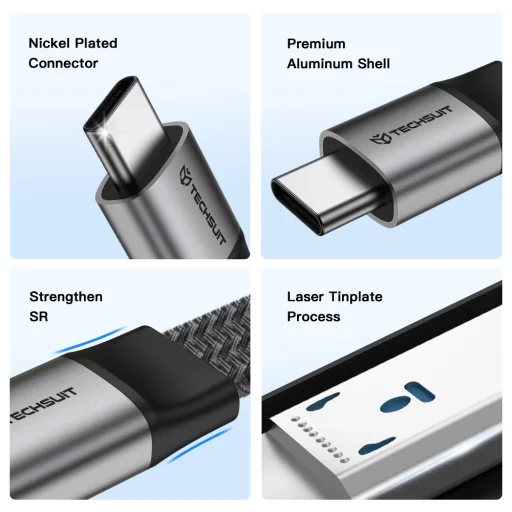 Techsuit ElysiumSync Pro 4. generációs USB4.0 Type-C kábel, 240 W, 40 Gbps, 8K 60 Hz, 1 m, szürke - 5