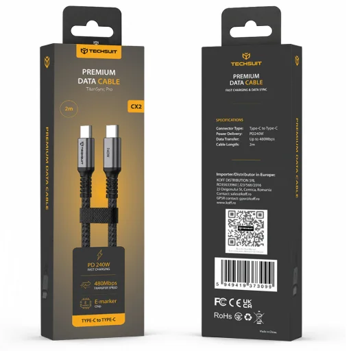 Techsuit TitanSync Pro USB2.0 USB-C adat- és töltőkábel, 240 W, 2 m, szürke - 7