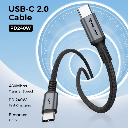 Techsuit TitanSync Pro USB2.0 USB-C dátový a nabíjací kábel, 240 W, 2 m, sivý - 5