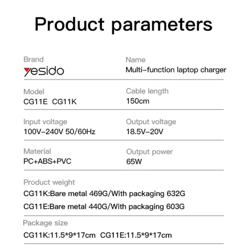 Yesido CG11E univerzálny adaptér pre notebook 65W 5A 1m čierny - 6