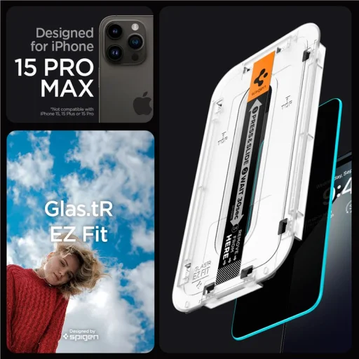 Spigen Glass tR EZ Fit betekintésvédő edzett üvegfólia 2 db iPhone 15 Pro Max készülékhez, átlátszó - 14