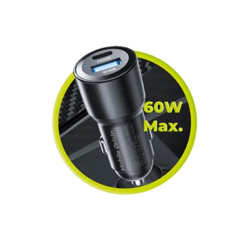 Mobile Origin CA2 60W USB-C a USB-A nabíjačka do auta, čierna - 12