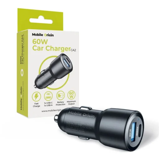 Mobile Origin CA2 60W USB-C a USB-A nabíjačka do auta, čierna - 1