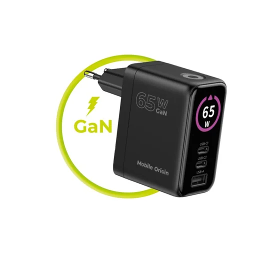 Mobile Origin PW20 65 W GaN sieťová nabíjačka s displejom, 2× USB-C a USB-A, čierna - 3