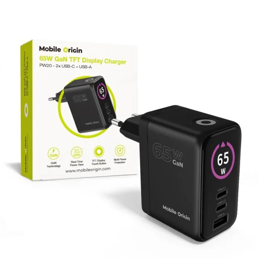 Mobile Origin PW20 65 W GaN sieťová nabíjačka s displejom, 2× USB-C a USB-A, čierna - 1