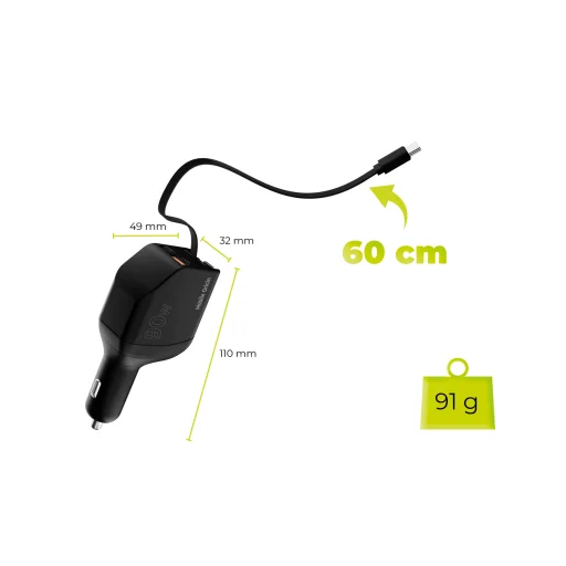 Mobile Origin CA22 90W autonabíjačka s konektormi USB-C a USB-A, 2 ks USB-C káblov, čierna - 13