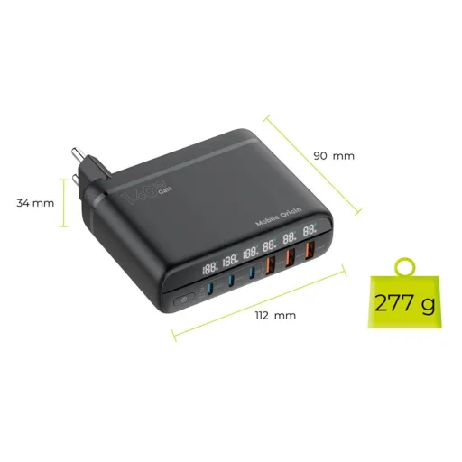 Mobile Origin PW12 GaN 140W cestovná nabíjacia stanica s EU/UK/US adaptérmi, 3x USB-C + 3x USB-A - 8