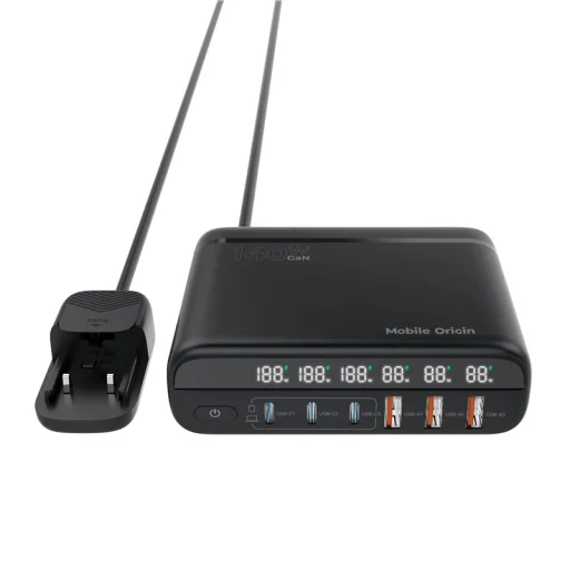 Mobile Origin PW12 GaN 140W cestovná nabíjacia stanica s EU/UK/US adaptérmi, 3x USB-C + 3x USB-A - 10