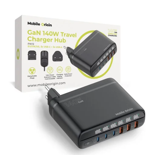 Mobile Origin PW12 GaN 140W cestovná nabíjacia stanica s EU/UK/US adaptérmi, 3x USB-C + 3x USB-A - 1