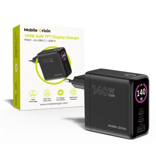 Mobile Origin PW21 140W GaN sieťová nabíjačka s displejom, čierna - 1