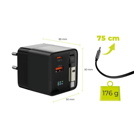 Mobile Origin 65W GaN PW2 sieťová nabíjačka s displejom, samonavíjacím USB-C káblom a konektormi USB-C a USB-A - 4