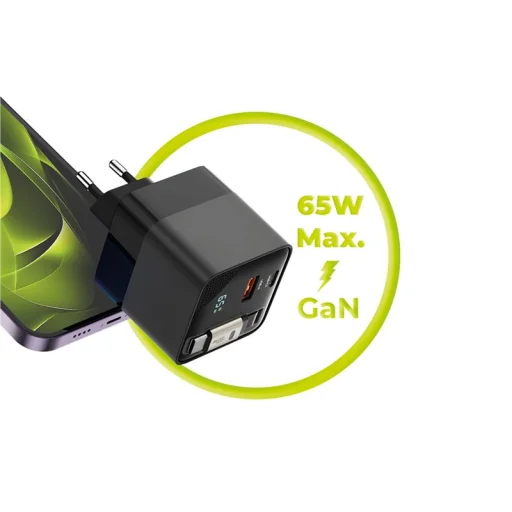 Mobile Origin 65W GaN PW2 sieťová nabíjačka s displejom, samonavíjacím USB-C káblom a konektormi USB-C a USB-A - 9