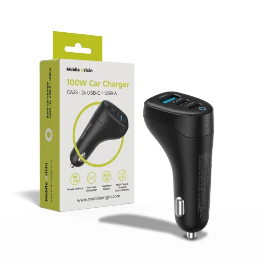 Mobile Origin CA25 100 W nabíjačka do auta 2× USB-C a USB-A, čierna - 1