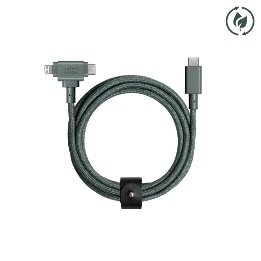 Native Union Belt Cable Duo USB-C – USB-C/Lightning kábel 1,5 m, bridlicovo zelená - 2