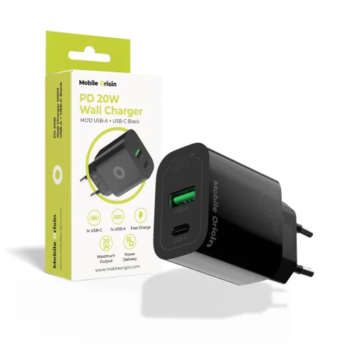 Mobile Origin MO12 PD20W sieťová nabíjačka, čierna, USB-A + USB-C - 1