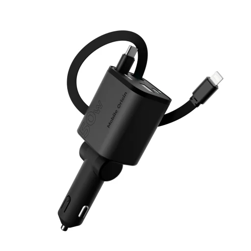 Mobile Origin CA28 4 v 1 50W nabíjačka do auta s USB-C, USB-A a integrovaným USB-C a Lightning káblom, vesmírne sivá - 2