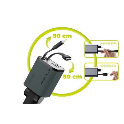 Mobile Origin CA28 4 v 1 50W nabíjačka do auta s USB-C, USB-A a integrovaným USB-C a Lightning káblom, vesmírne sivá - 12