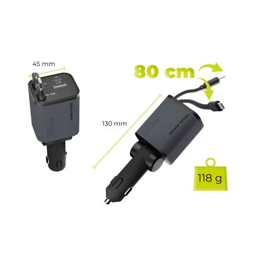 Mobile Origin CA28 4 v 1 50W nabíjačka do auta s USB-C, USB-A a integrovaným USB-C a Lightning káblom, vesmírne sivá - 13