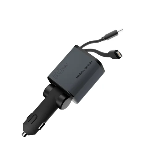 Mobile Origin CA28 4 v 1 50W nabíjačka do auta s USB-C, USB-A a integrovaným USB-C a Lightning káblom, vesmírne sivá - 3