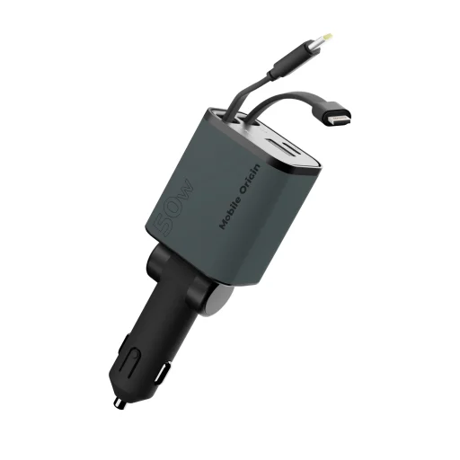 Mobile Origin CA28 4 v 1 50W nabíjačka do auta s USB-C, USB-A a integrovaným USB-C a Lightning káblom, vesmírne sivá - 5