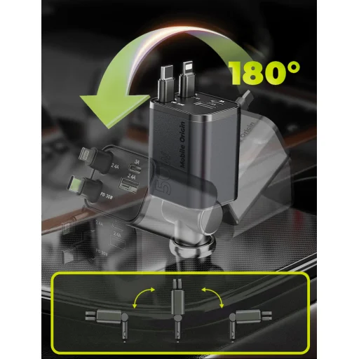 Mobile Origin CA28 4 v 1 50W nabíjačka do auta s USB-C, USB-A a integrovaným USB-C a Lightning káblom, vesmírne sivá - 6