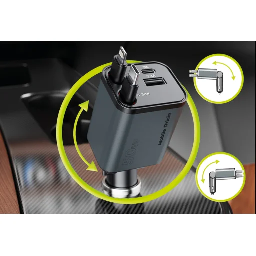 Mobile Origin CA28 4 v 1 50W nabíjačka do auta s USB-C, USB-A a integrovaným USB-C a Lightning káblom, vesmírne sivá - 9