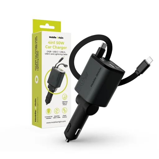 Mobile Origin CA28 4 v 1 50W nabíjačka do auta s USB-C, USB-A a integrovaným USB-C a Lightning káblom, vesmírne sivá - 1