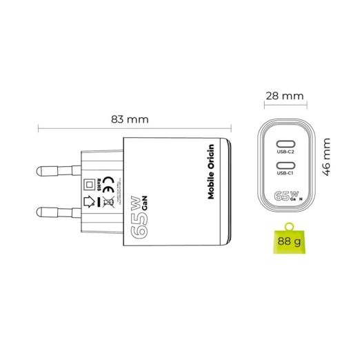 Mobile Origin MO19 GaN 65W sieťová nabíjačka s dvoma USB-C portami biela - 5