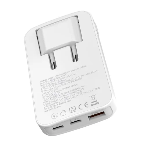 Mobile Origin 65 W GaN III Slim sieťová nabíjačka s 2× USB-C a USB-A konektormi, biela - 10