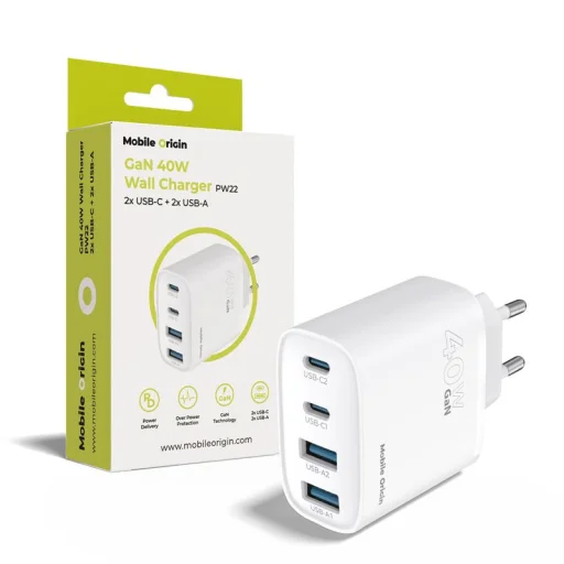 Mobile Origin PW22 40W GaN sieťová nabíjačka s 2 portmi USB-C a 2 portmi USB-A, biela - 1