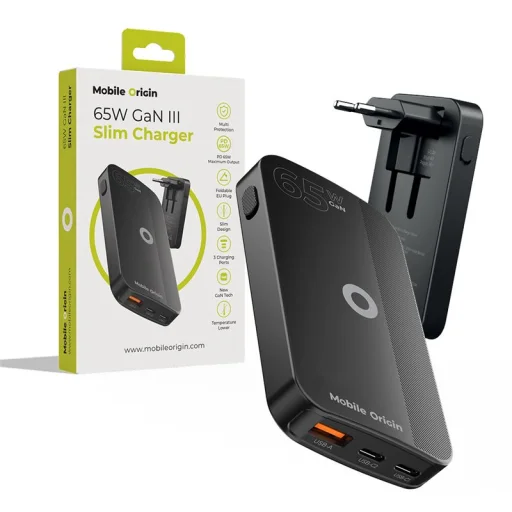 Mobile Origin 65W GaN III Slim sieťová nabíjačka s 2× USB-C a USB-A konektormi, čierna - 1