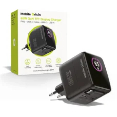 Mobile Origin PW3 65W GaN nabíjačka s displejom, so zaťahovacím USB-C káblom a konektormi USB-C a USB-A