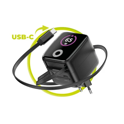 Mobile Origin PW3 65W GaN nabíjačka s displejom, so zaťahovacím USB-C káblom a konektormi USB-C a USB-A - 5