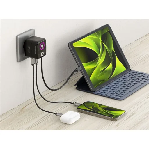 Mobile Origin PW3 65W GaN nabíjačka s displejom, so zaťahovacím USB-C káblom a konektormi USB-C a USB-A - 6