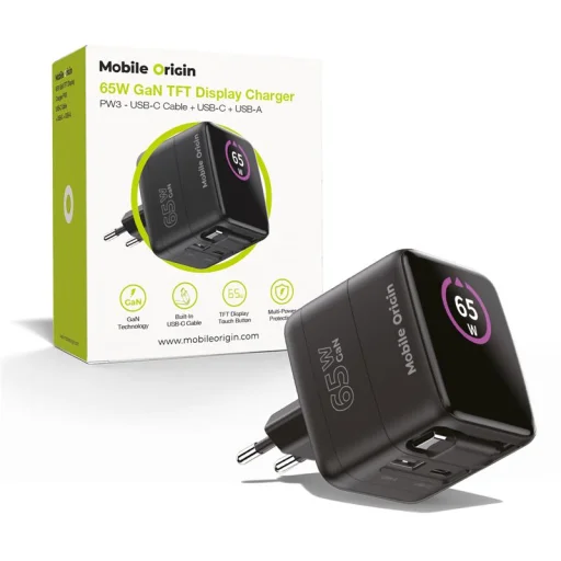 Mobile Origin PW3 65W GaN nabíjačka s displejom, so zaťahovacím USB-C káblom a konektormi USB-C a USB-A - 1