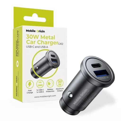 Mobile Origin CA12 30W kovová autonabíjačka s portmi USB-C a USB-A, čierna - 1