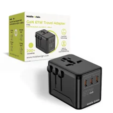 Mobile Origin PW5 67 W-os GaN utazóadapter EU/UK/US/AUS, 3× USB-C és USB-A, fekete