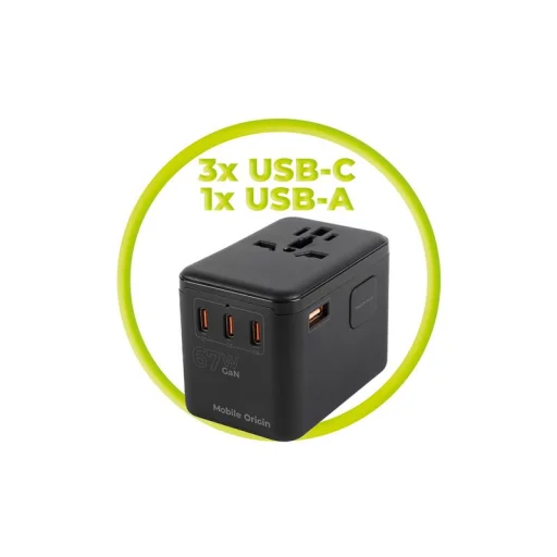 Mobile Origin PW5 67W GaN cestovný adaptér EU/UK/US/AUS, 3× USB-C a USB-A, čierny - 3